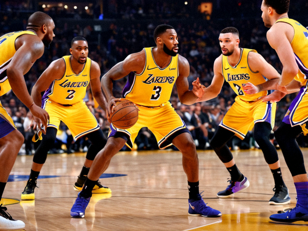 NBA比赛现场湖人球员持球突破勇士防守的画面